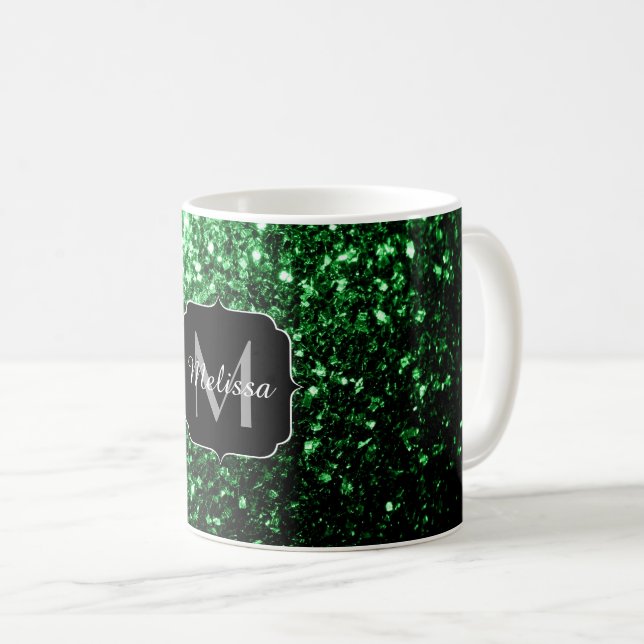 Dark green faux glitter sparkles Monogram Coffee Mug (Front Right)