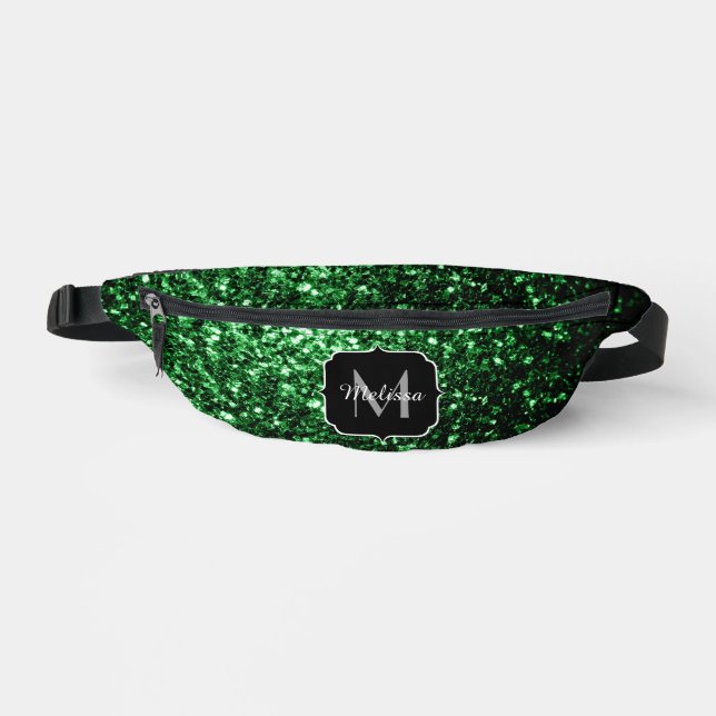 Dark green faux glitter sparkles Monogram Fanny Pack (Front)