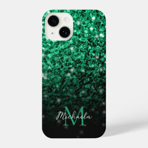 Dark green faux glitter sparkles Monogram iPhone 14 Case