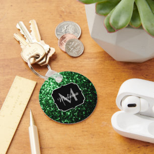 Dark green faux glitter sparkles Monogram Keychain