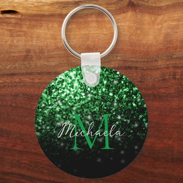 Dark green faux glitter sparkles Monogram Keychain (Front)