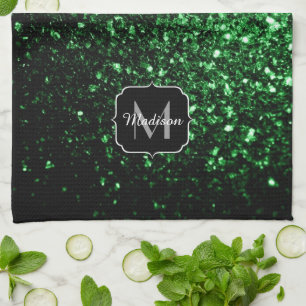 Dark green faux glitter sparkles Monogram Kitchen Towel