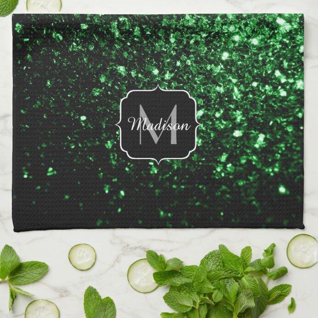 Dark green faux glitter sparkles Monogram Kitchen Towel (Folded)