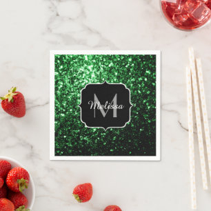Dark green faux glitter sparkles Monogram Napkin
