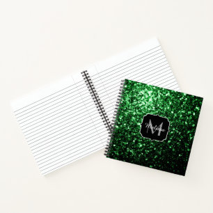Dark green faux glitter sparkles Monogram Notebook