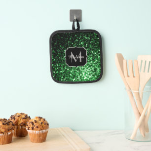 Dark green faux glitter sparkles Monogram Pot Holder