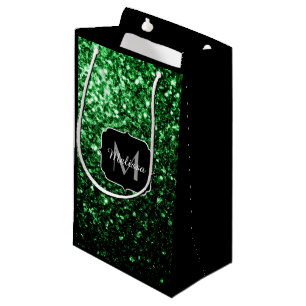 Dark green faux glitter sparkles Monogram Small Gift Bag