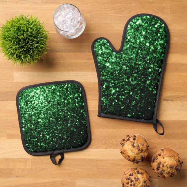 Dark green faux glitter sparkles oven mitt & pot holder set (Top Down)