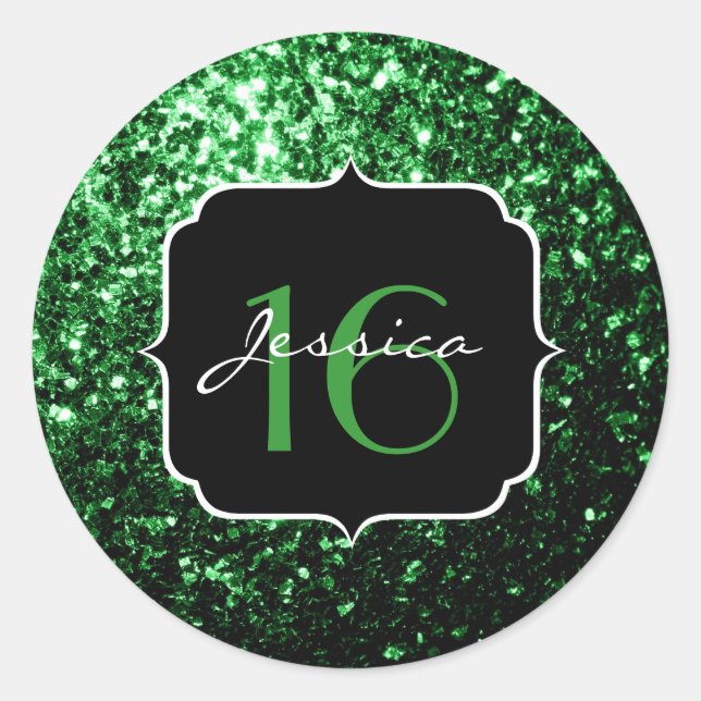 Dark green faux glitter sparkles Sweet 16 Classic Round Sticker (Front)