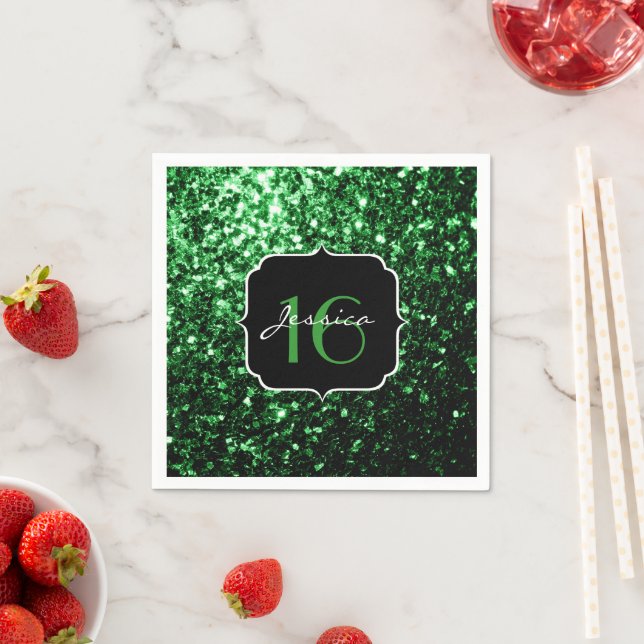 Dark green faux glitter sparkles Sweet 16 Napkin (Insitu)