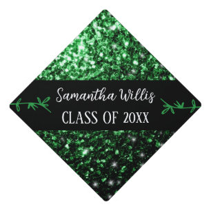 Dark green faux sparkles Custom name Class Graduation Cap Topper