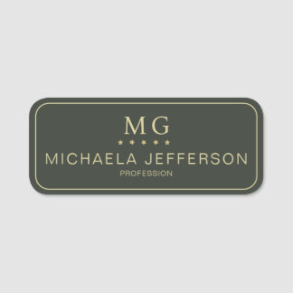 Dark Green Five Stars Gold: Monogram Professional Name Tag