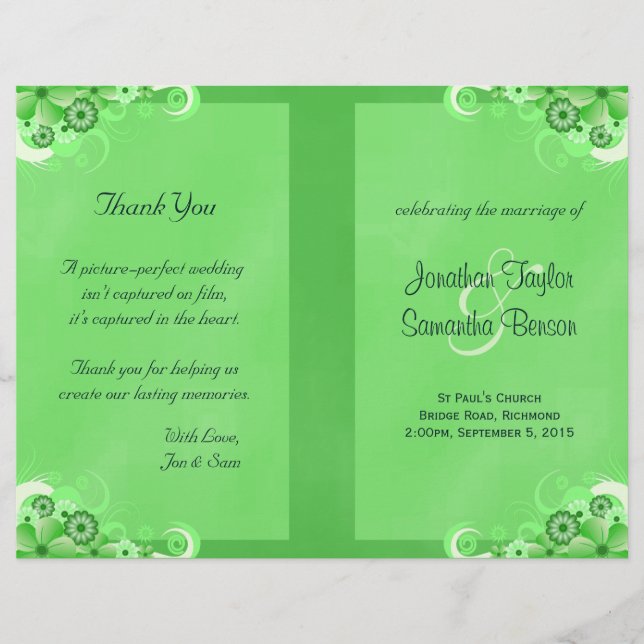 Dark Green Floral Bi Programme de mariage plié (Devant)