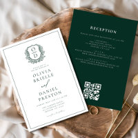 Dark Green Floral Crest Monogram Wedding QR Code