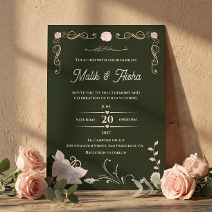 Dark Green Floral Islamic Wedding Invitation