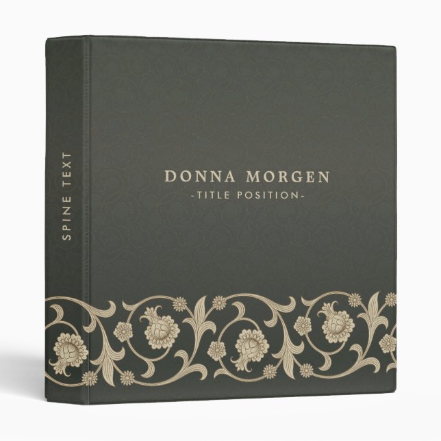 Dark Green Flower Pattern Elegant Floral Monogram Binder (Front/Spine)