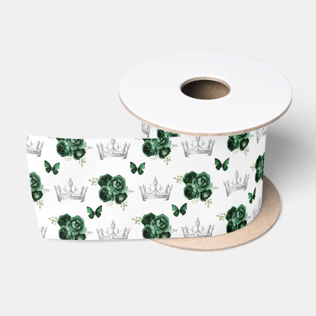 Dark Green Flowers and Silver Crowns Satin Ribbon (Spool)