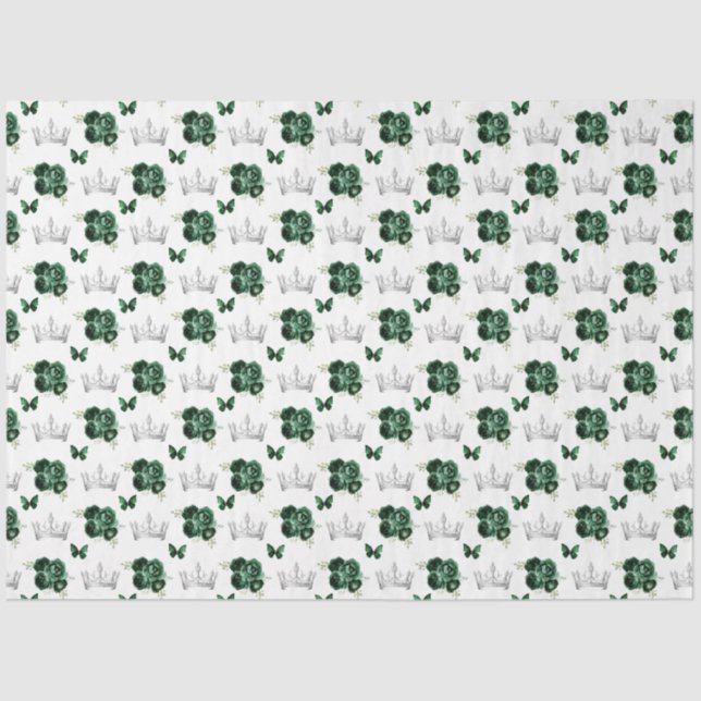 Dark Green Flowers and Silver Crowns Tissue Paper (Front)