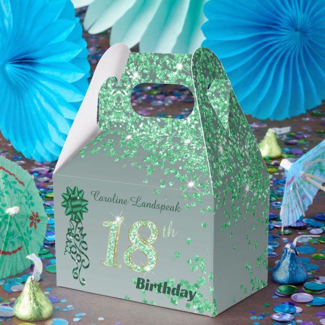 Dark Green Glitter & Ribbon 18th Birthday Favor Box (Party)