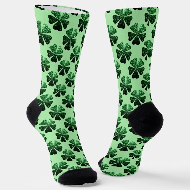 Dark Green glitter sparkle Shamrock pattern Socks (Angled)