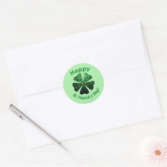 Dark Green glitter sparkle Shamrock St Patrick Day Classic Round Sticker (Envelope)