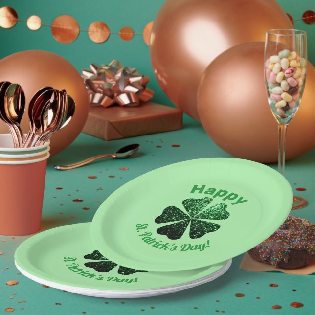 Dark Green glitter sparkle Shamrock St Patrick Day Paper Plate (Multi)