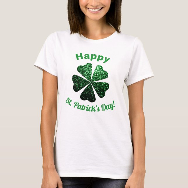 Dark Green glitter sparkle Shamrock St Patrick Day T-Shirt (Front)