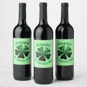 Dark Green glitter sparkle Shamrock St Patrick Day Wine Label