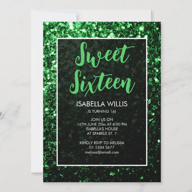 Dark green glitter sparkle Sweet 16 elegant script Invitation (Front)