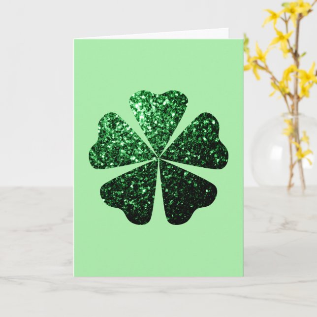 Dark Green glitter sparkles Shamrock Clover Card (Yellow Flower)