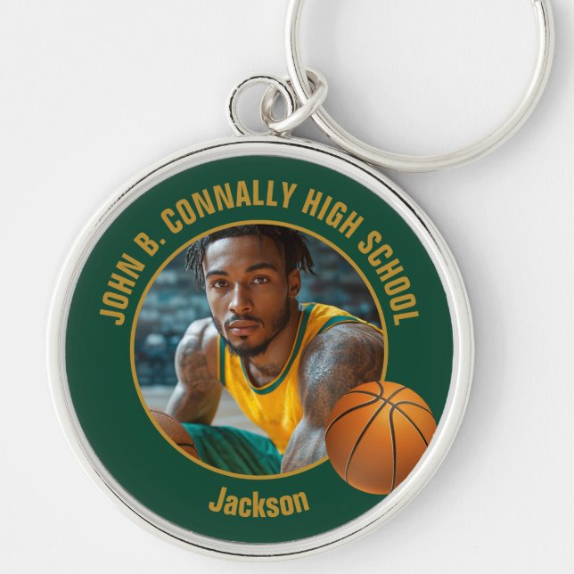Dark Green Gold Basketball Player Photo Keychain (Front)