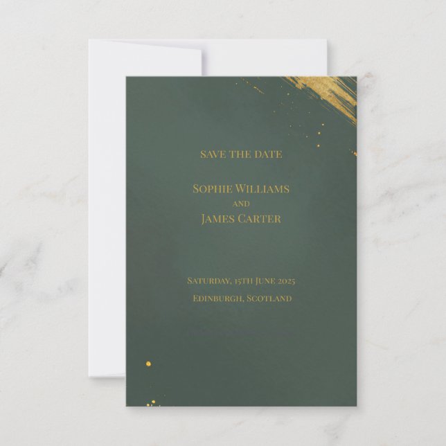 Dark Green Gold Brushstroke Save the Date (Front)