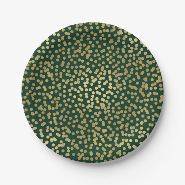 Dark Green & Gold Dots Confetti Elegant Glam Paper Plate (Front)