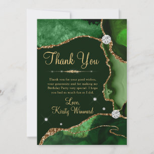 Dark Green & Gold Faux Glitter Agate Birthday Thank You Card
