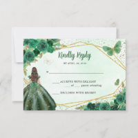 Dark Green Gold Floral Princess Quinceañera QR