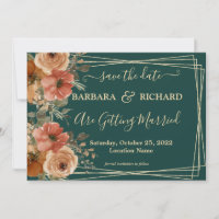 Dark Green Gold Floral Watercolor Save Date