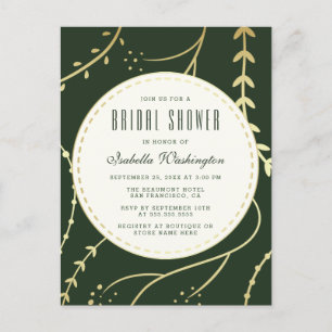 Dark Green & Gold Foliage Bridal Shower Invitation Postcard