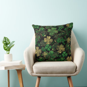 DARK GREEN & GOLD IRISH THEMED GLITTER LOOK  THROW PILLOW