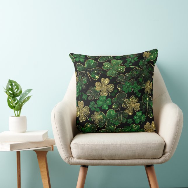 DARK GREEN & GOLD IRISH THEMED GLITTER LOOK  THROW PILLOW (Chair)