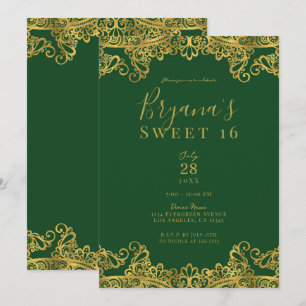 Dark Green & Gold Lace Elegant Sweet 16 Party  Invitation