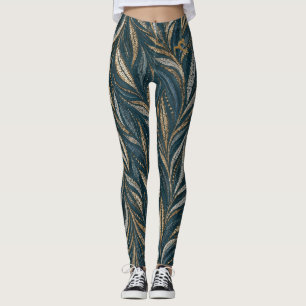 Dark Green & Gold Leaf Pattern Yoga Leggings