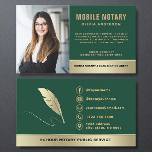 Dark Green Gold Mobile Notary Signing Agent Photo Business Card