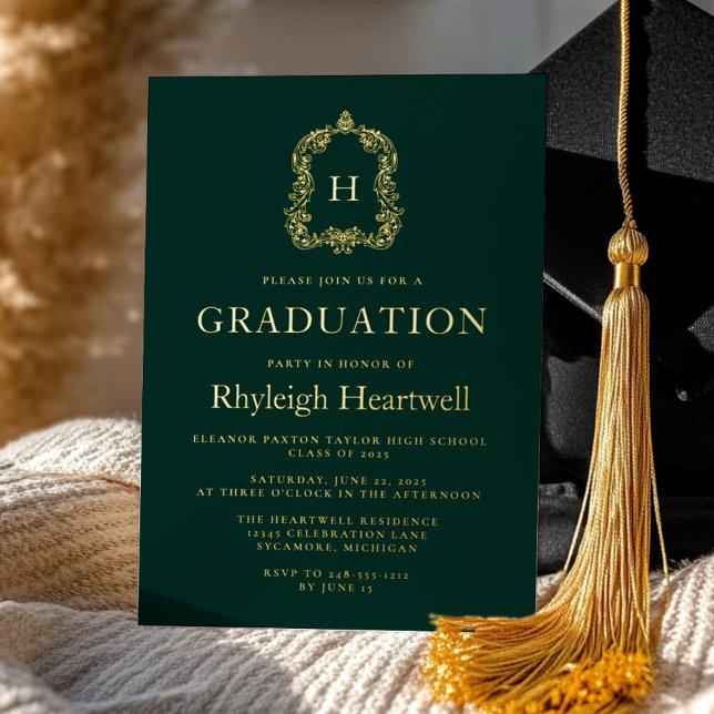 Dark Green Gold Monogram Crest Graduation Party (Creator Uploaded)