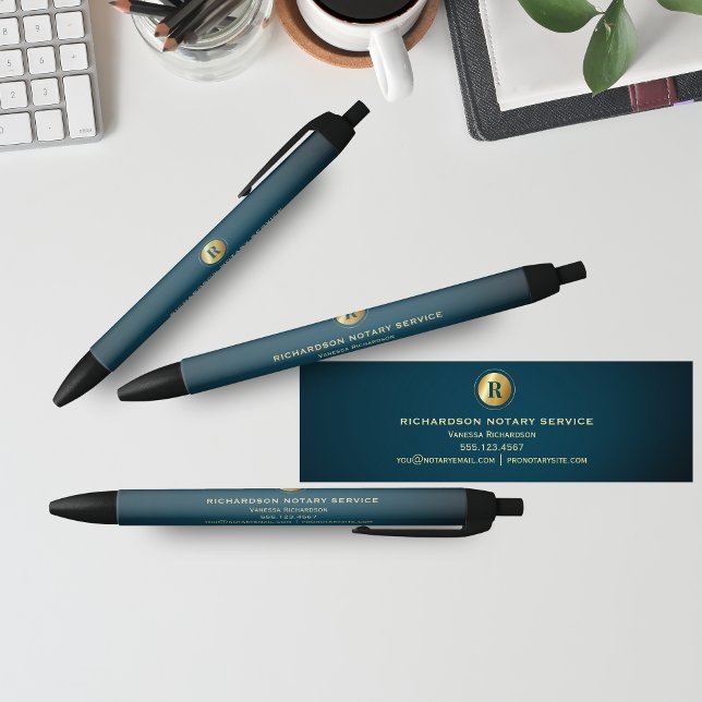 Dark Green & Gold Monogram Notary Business Promo Black Ink Pen (Creator Uploaded)