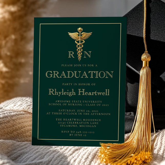 Dark Green Gold Nurse RN Graduation Party Invitation (Creator Uploaded)