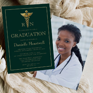 Dark Green Gold Nurse RN Photo Graduation Party Invitation