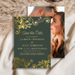 Dark Green Gold Swirls Photo Wedding Save The Date<br><div class="desc">Dark green wedding Save the Date accented with elegant and fun gold swirls and flourishes. Personalized with your information on the front and your photo on the back. Contact me for assistance with your customizations or to request additional matching or coordinating Zazzle products for your special occasions. The background colour...</div>
