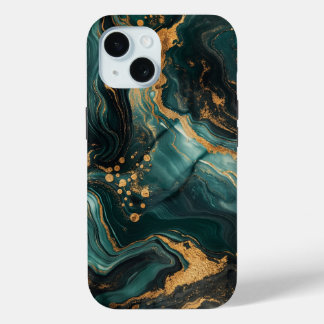 Dark Green Gold Veins Marble iPhone 15 Case