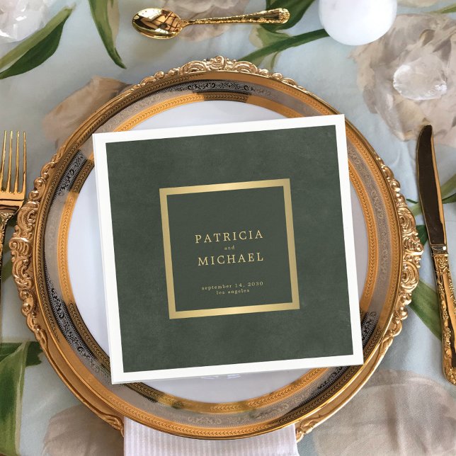 Dark green gold wedding bride and groom napkin (Creator Uploaded)