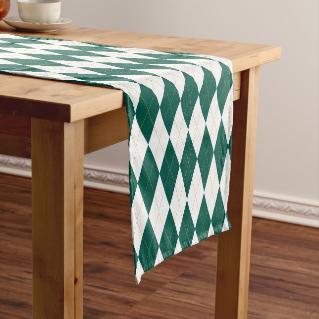 Dark Green | Gold | White Diamond Argyle Pattern Short Table Runner (In Situ)